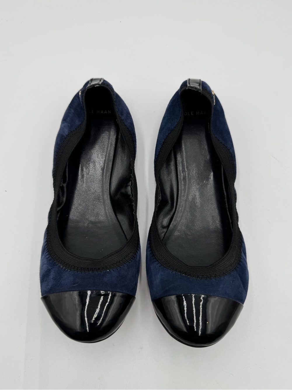 Cole Haan Navy Suede Ballet Flats Black Patent Cap Toe Womens 6.5B